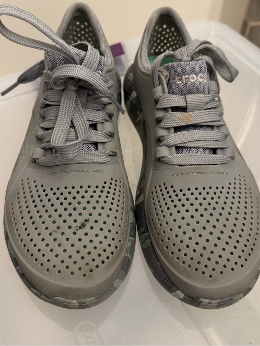CROCS Gray Perforated LiteRide Lace-Up Sneakers
